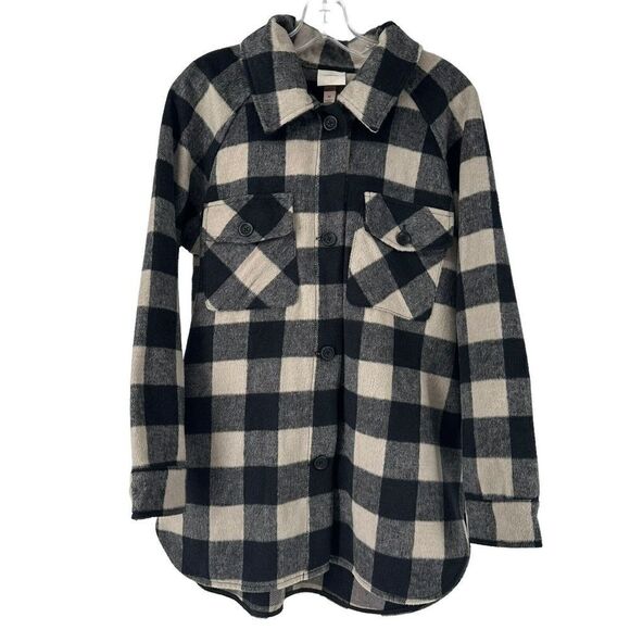 Knox Rose Shirt Jacket Shacket M Plaid Black Tan Classic Cozy Cabin Wool Blend - Picture 1 of 9